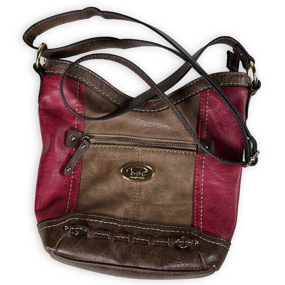 B.O.C. Cross Body Shoulder Bucket Bag Tote Purse Phone Charger Holder Red Brown - Picture 2 of 12